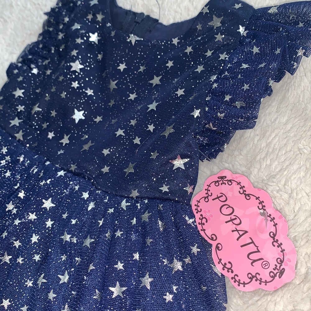 NWT Popatu Navy Blue Silver Stars Dress 12M Tulle Overlay - Picture 11 of 12